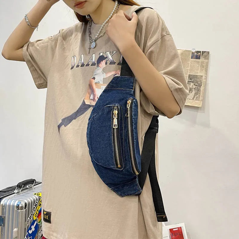 Women Denim Chest Bag Waist Bag Fanny Pack Clutches Purse