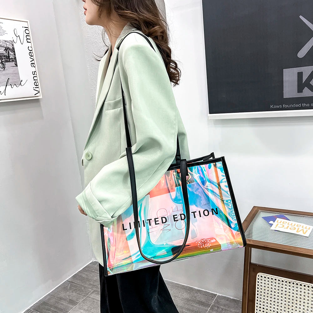 Women Clear Tote PVC Laser Waterproof Transparent Handbag