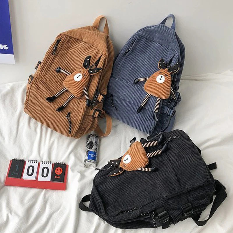 Women Corduroy Backpack Stripe Harajuku School Backpack for Teenage Girls