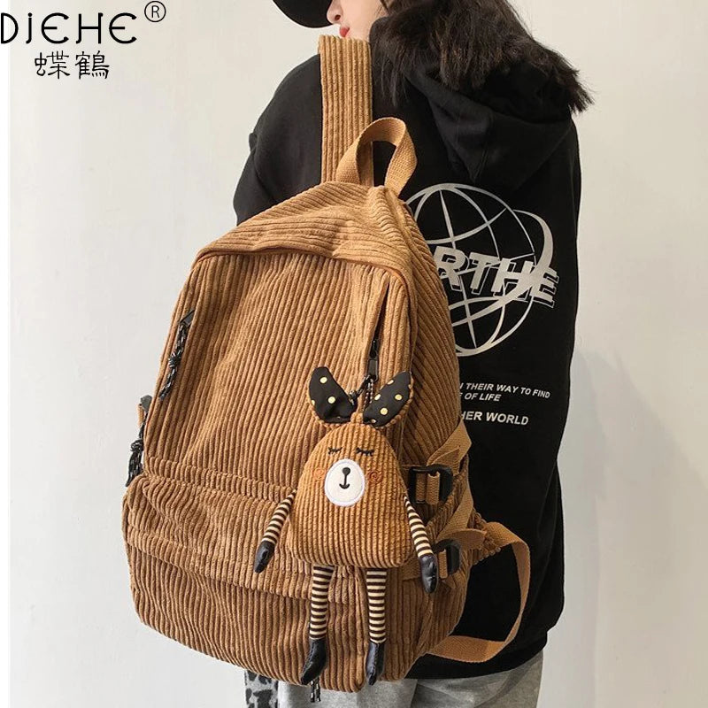 Women Corduroy Backpack Stripe Harajuku School Backpack for Teenage Girls