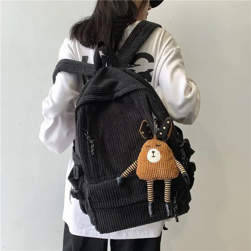 Women Corduroy Backpack Stripe Harajuku School Backpack for Teenage Girls