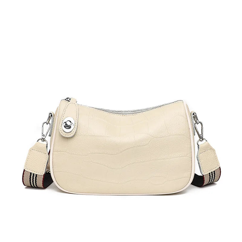 Stone Pattern Leather Crossbody Bag with Wide Strap