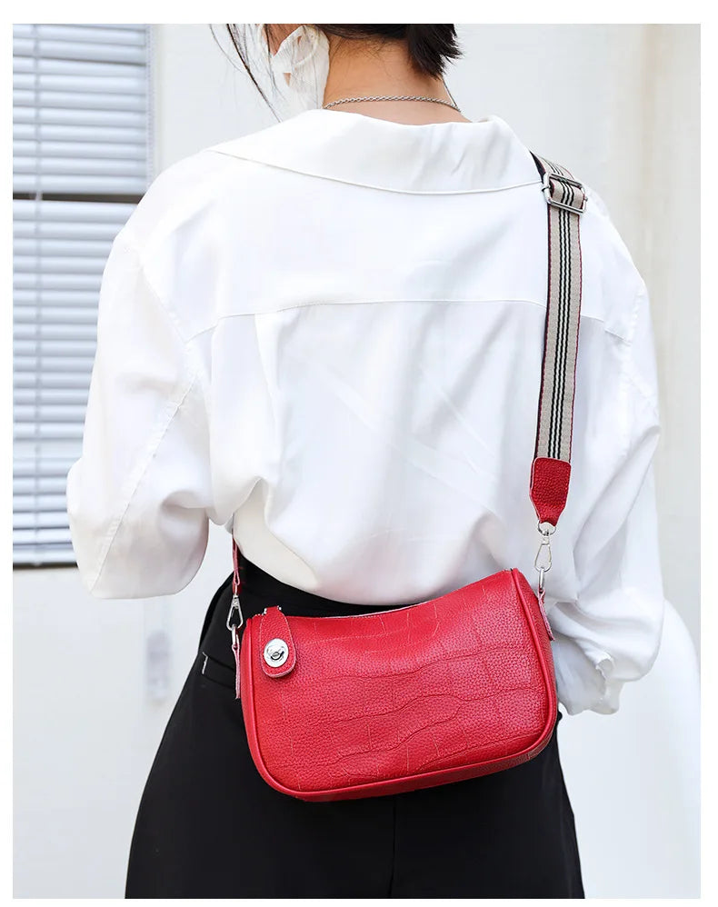 Stone Pattern Leather Crossbody Bag with Wide Strap