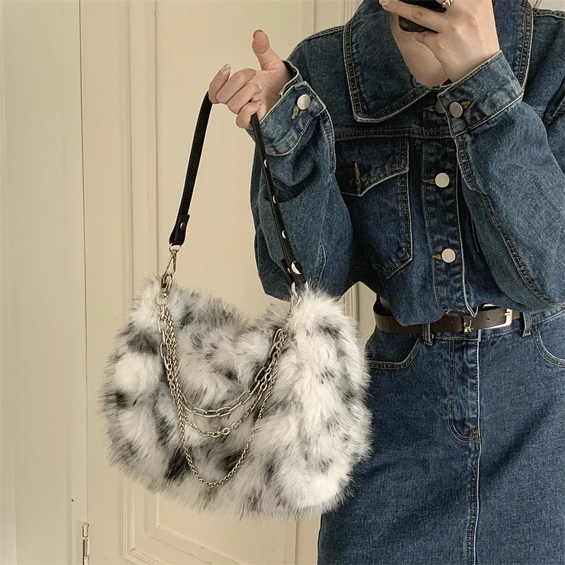 Faux Fur Shoulder Bag Chain Crossbody Tote Handbag