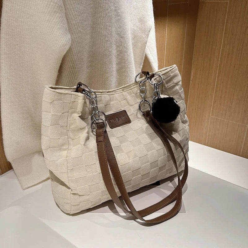 Canvas Houndstooth Shoulder Bag Chain Tote Handbags
