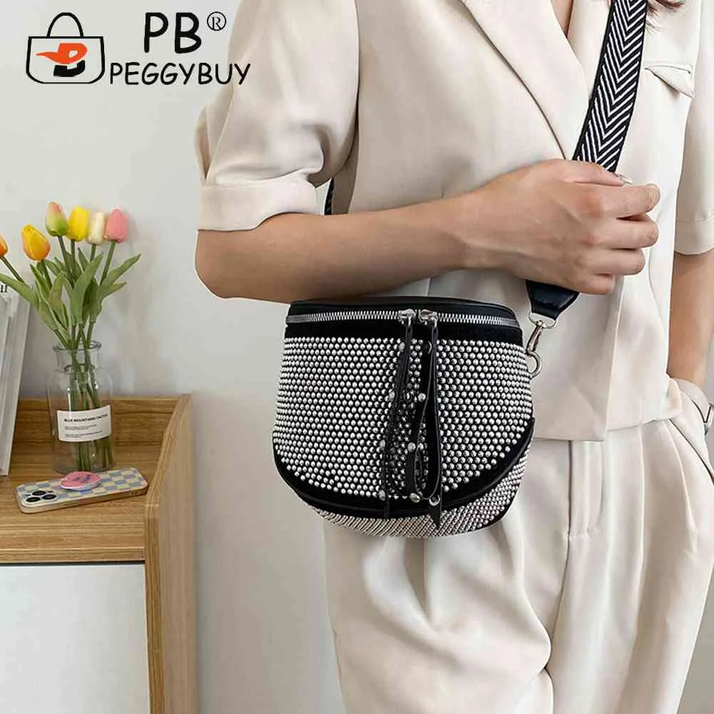 Women Leather Diamond Shoulder Bag Wide Strap Chest Waist Pack Handbags