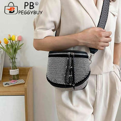 Women Leather Diamond Shoulder Bag Wide Strap Chest Waist Pack Handbags