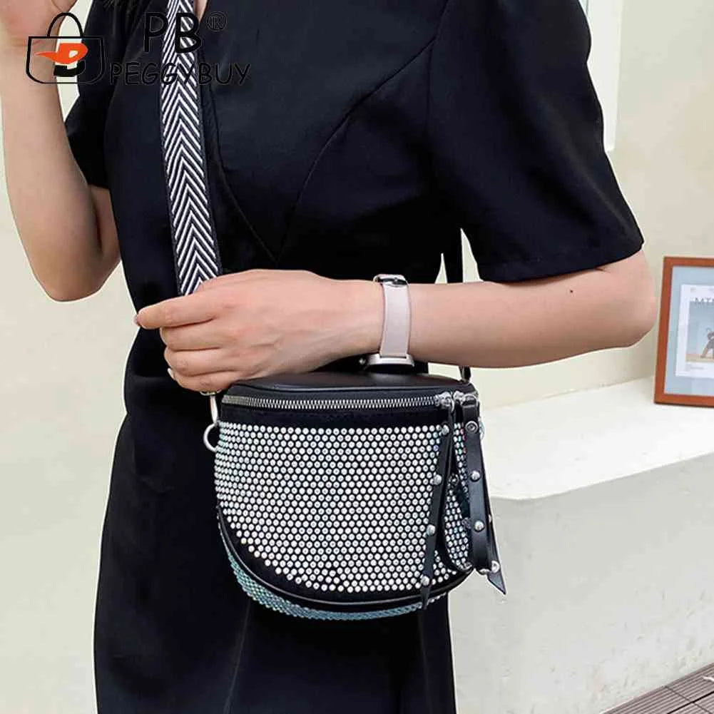 Women Leather Diamond Shoulder Bag Wide Strap Chest Waist Pack Handbags