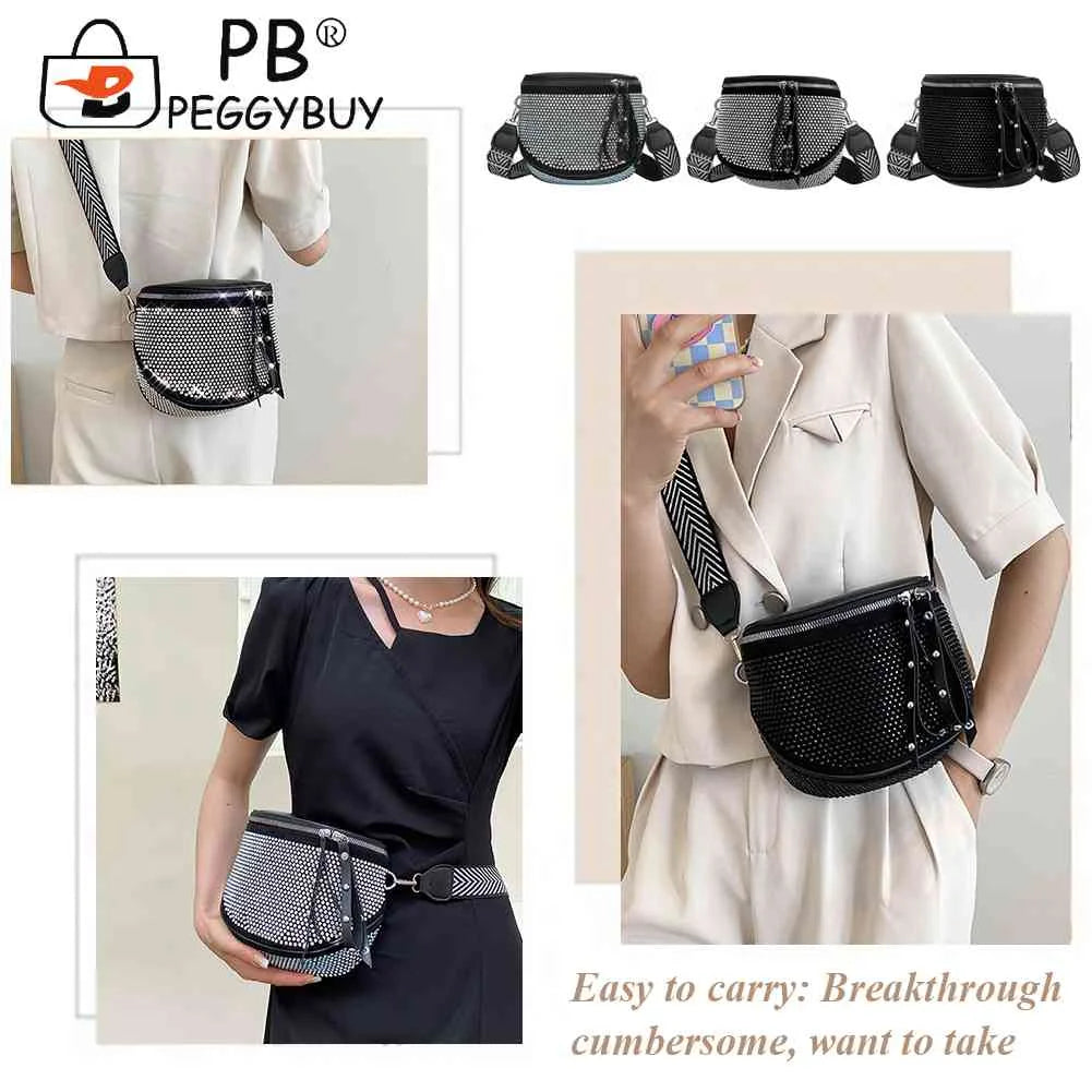 Women Leather Diamond Shoulder Bag Wide Strap Chest Waist Pack Handbags