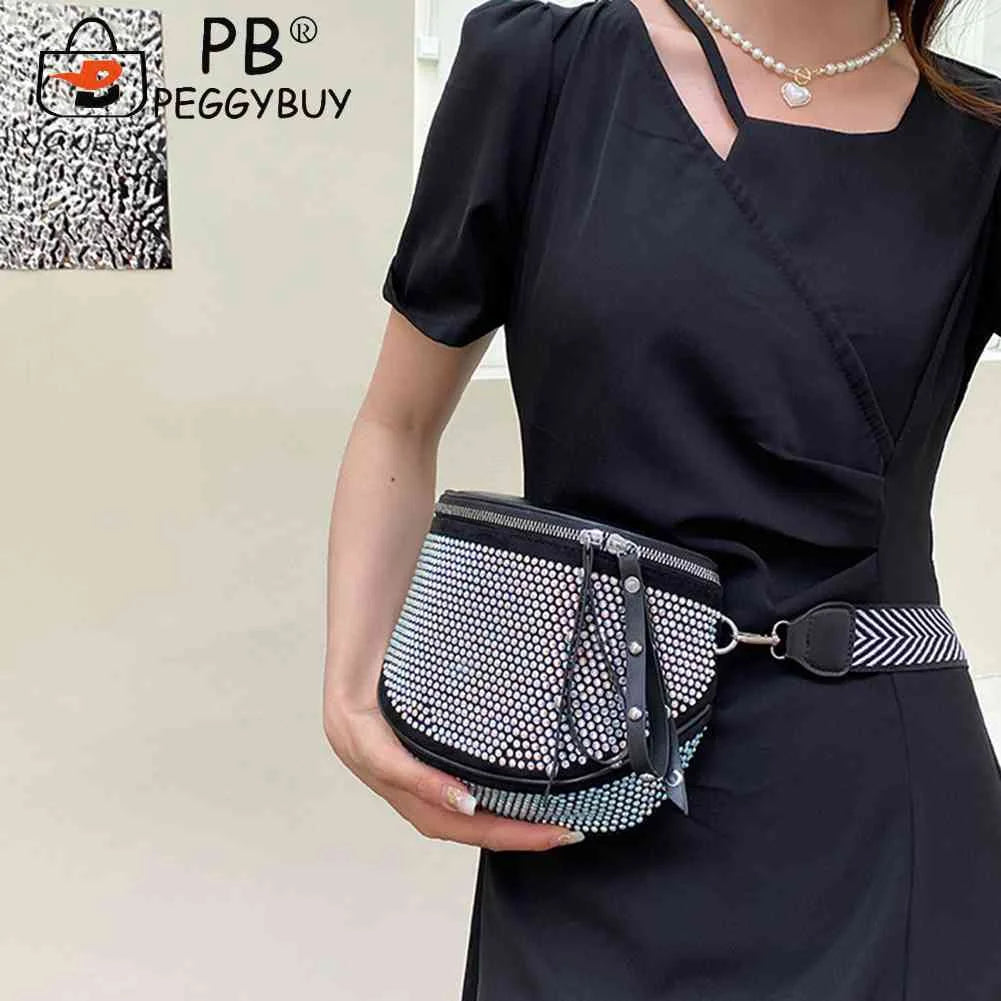 Women Leather Diamond Shoulder Bag Wide Strap Chest Waist Pack Handbags