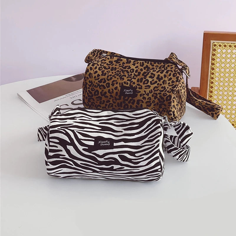 Leopard Print Shoulder Bucket Bag Underarm Canvas Tote Small Purse