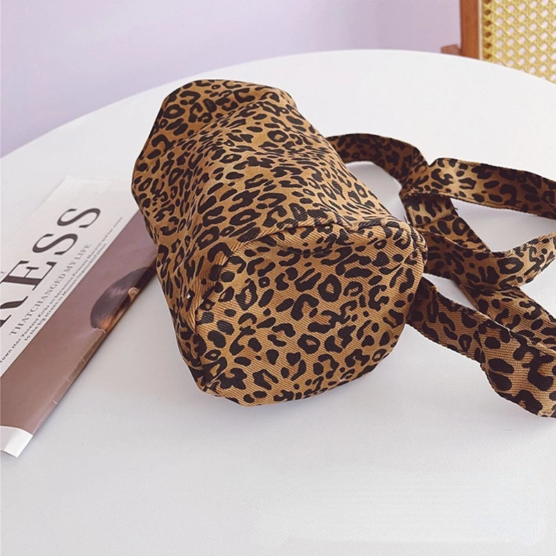 Leopard Print Shoulder Bucket Bag Underarm Canvas Tote Small Purse