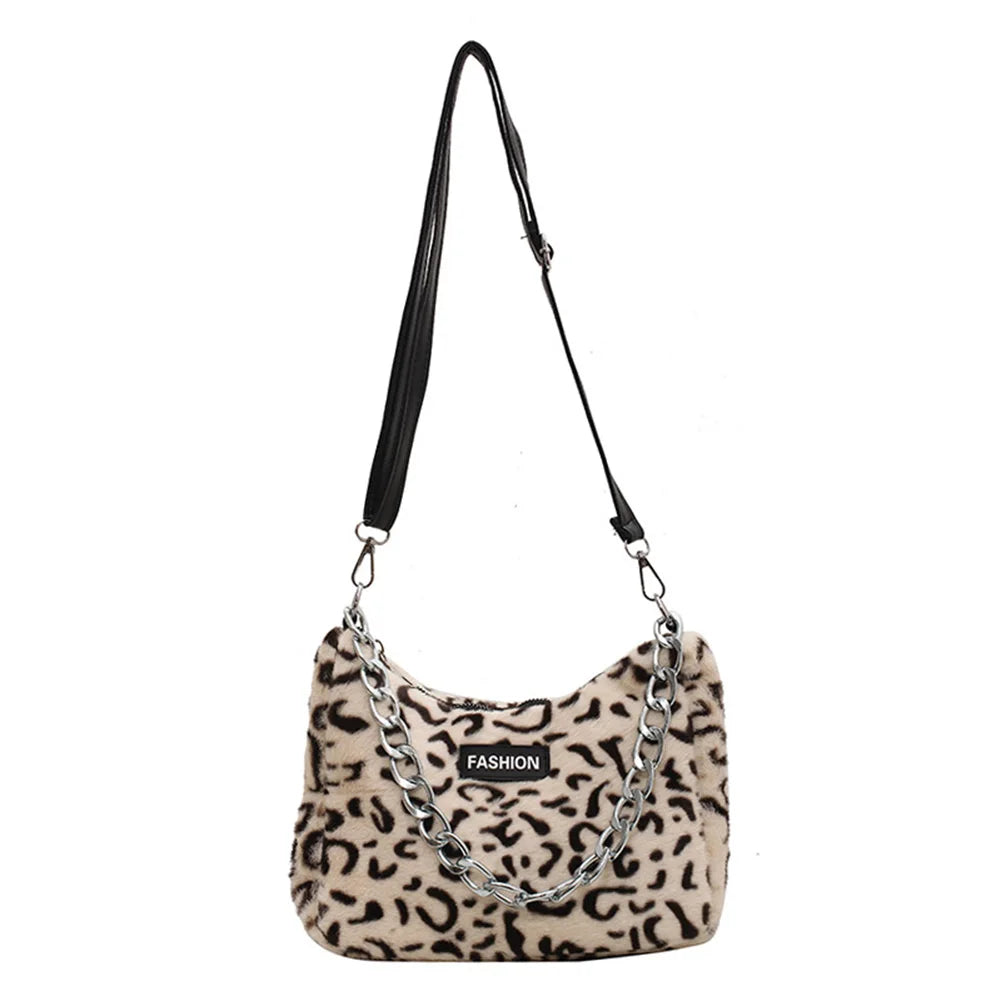 Leopard Printed Underarm Bag Soft Plush Handbag