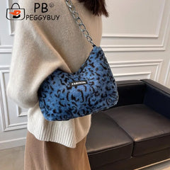 Leopard Printed Underarm Bag Soft Plush Handbag