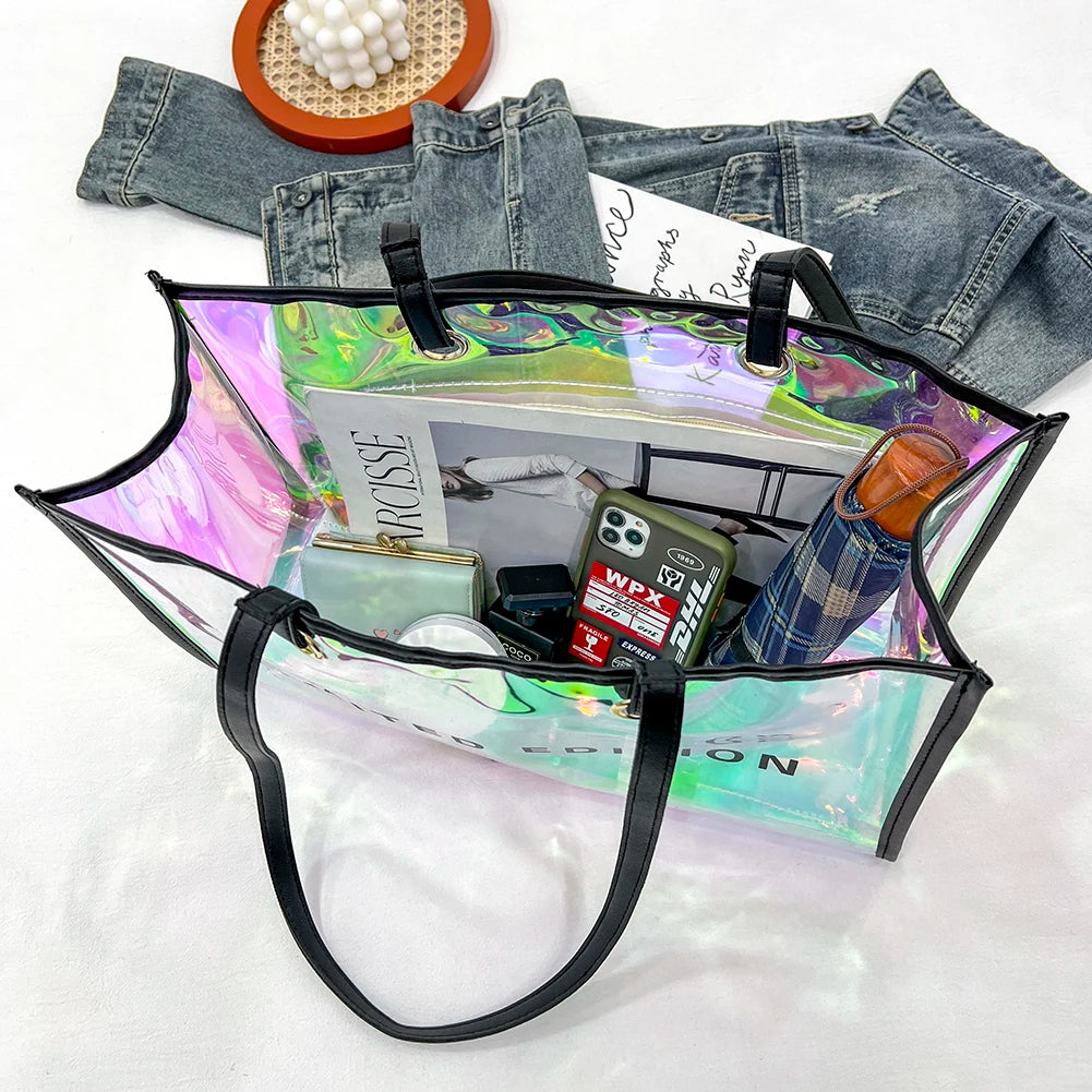 Women Letters Large Capacity Travel Shoulder Bags Laser PVC Transparent Handbag