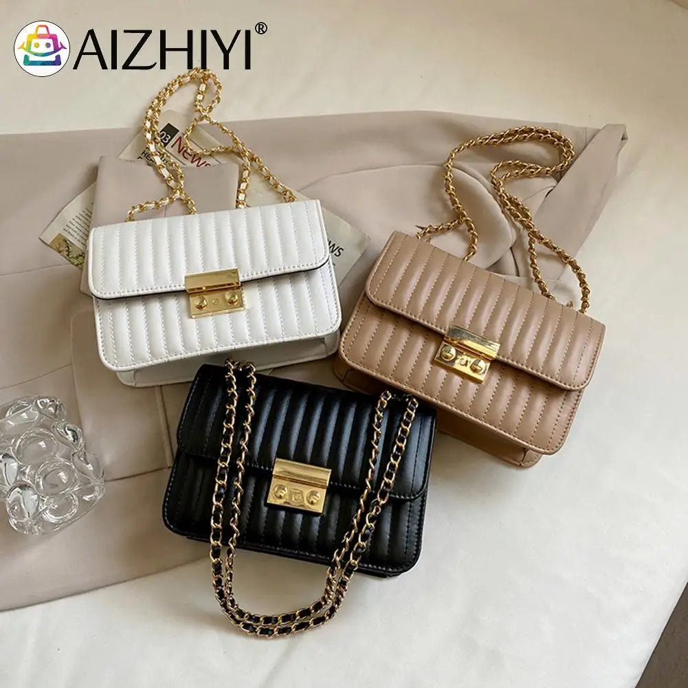 Women Lines Embroidery PU Leather Shoulder Messenger Bag Casual Chain Small Hand