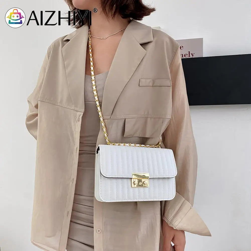 Women Lines Embroidery PU Leather Shoulder Messenger Bag Casual Chain Small Hand