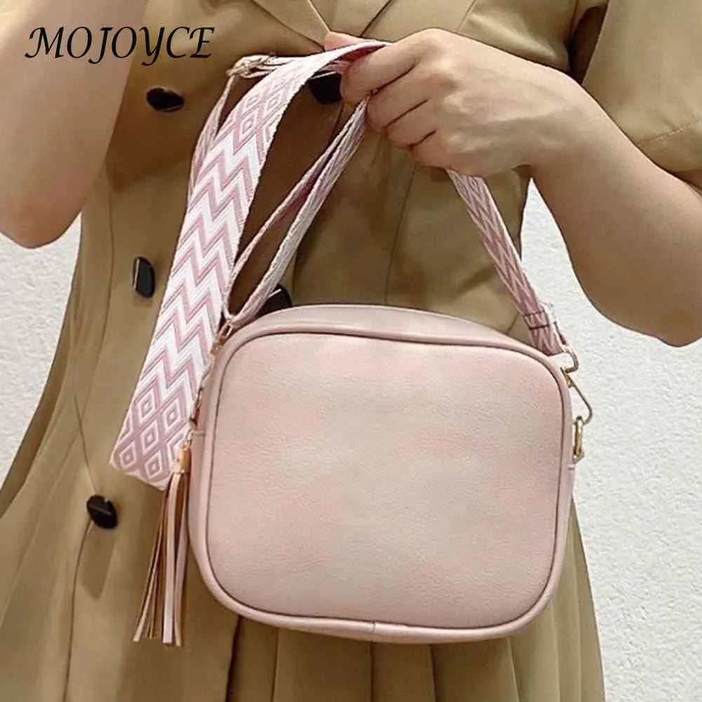 Women Messenger Bag Tassel Handbags PU Leather Wide Strap Casual Solid