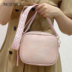 Women Messenger Bag Tassel Handbags PU Leather Wide Strap Casual Solid
