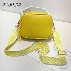 Women Messenger Bag Tassel Handbags PU Leather Wide Strap Casual Solid