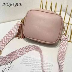 Women Messenger Bag Tassel Handbags PU Leather Wide Strap Casual Solid