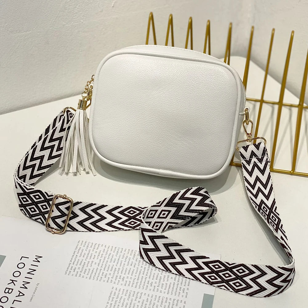 Tassel Women Messenger Bag PU Leather Wide Strap Casual Solid
