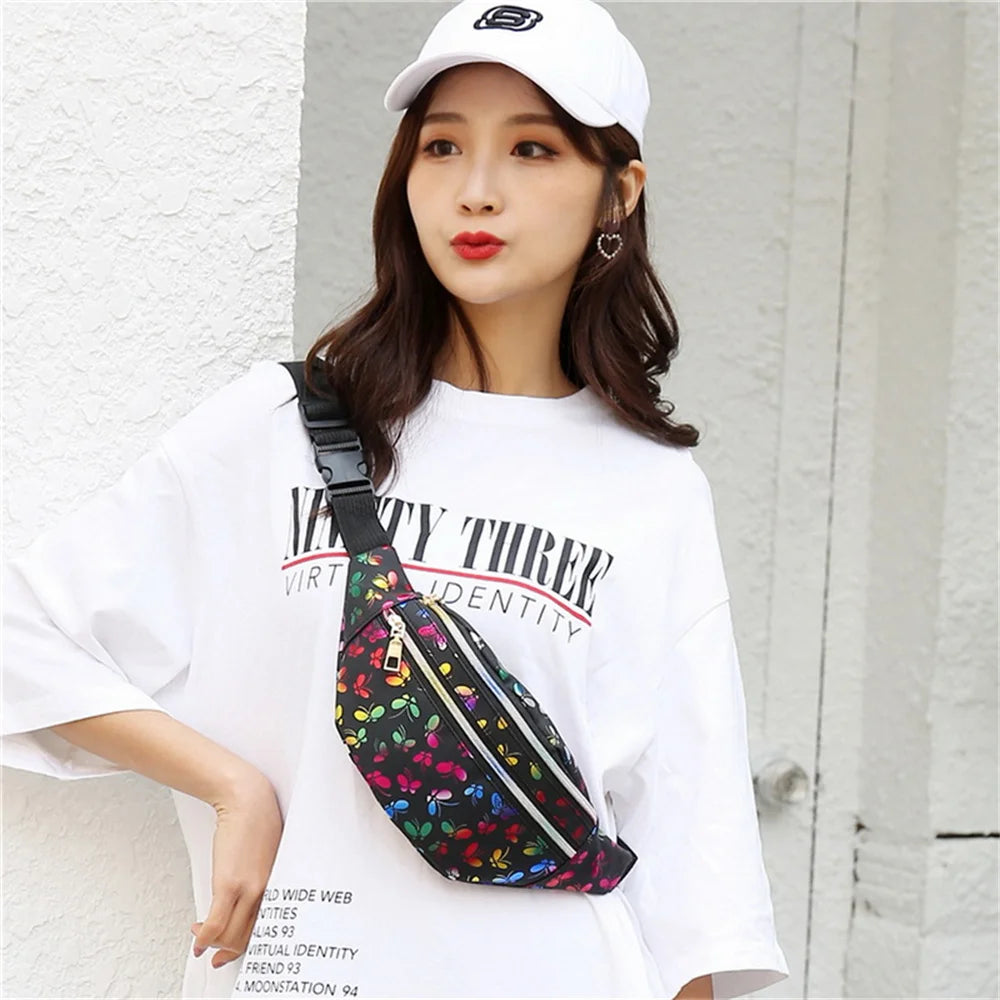 Colorful Laser Messenger Waist Bag Double Zipper Fanny Pack Girls Travel Phone B