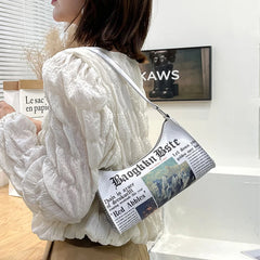 Women Newspaper Printing PU Leather Shoulder Bag