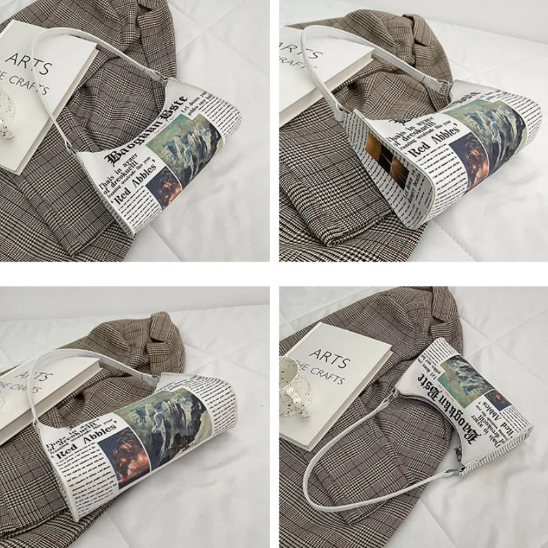 Women Newspaper Printing PU Leather Shoulder Bag