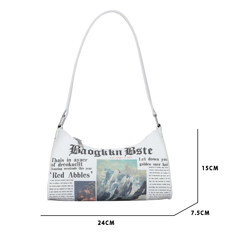 Women Newspaper Printing PU Leather Shoulder Bag