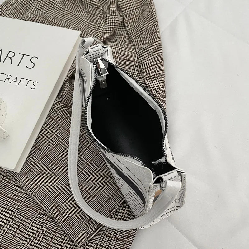 Women Newspaper Printing PU Leather Shoulder Bag