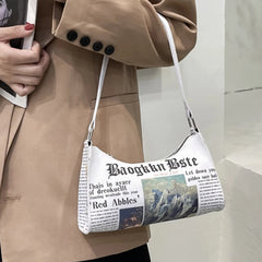 Women Newspaper Printing PU Leather Shoulder Bag