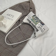 Women Newspaper Printing PU Leather Shoulder Bag