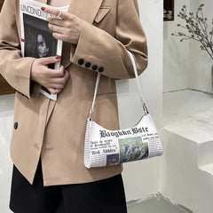 Women Newspaper Letter Printing PU Leather Shoulder Underarm Bag
