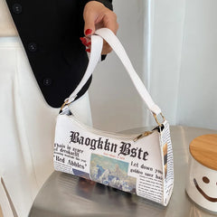 Women Newspaper Letter Printing PU Leather Shoulder Underarm Bag