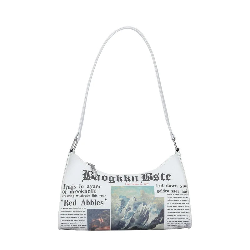 Women Newspaper Letter Printing PU Leather Shoulder Underarm Bag