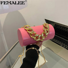 Women PVC Barrel-shaped Bag Thick Chains Shoulder Bags Small Acrylic Totes