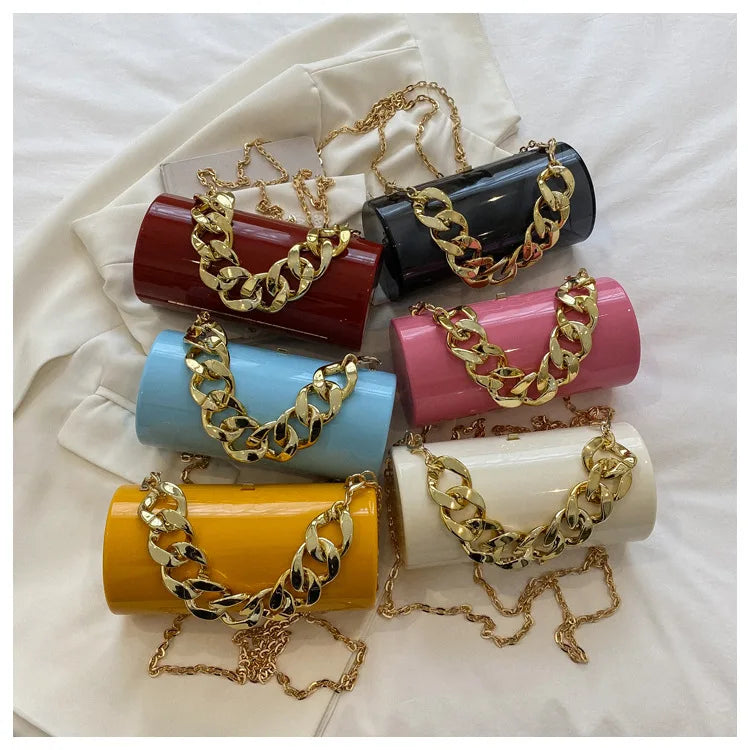 Women PVC Barrel-shaped Bag Thick Chains Shoulder Bags Small Acrylic Totes