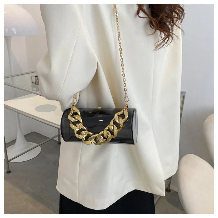 Women PVC Barrel-shaped Bag Thick Chains Shoulder Bags Small Acrylic Totes