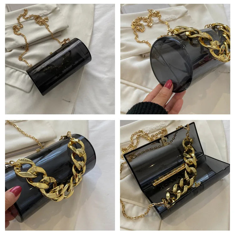 Women PVC Barrel-shaped Bag Thick Chains Shoulder Bags Small Acrylic Totes