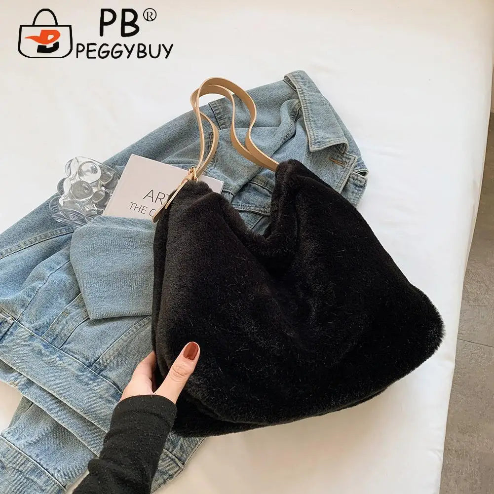 Women Plush Double Strap Handbag Warm Soft Fur Large Capacity Shopping Bag