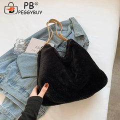 Women Plush Double Strap Handbag Warm Soft Fur Large Capacity Shopping Bag