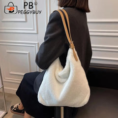 Women Plush Double Strap Handbag Warm Soft Fur Large Capacity Shopping Bag