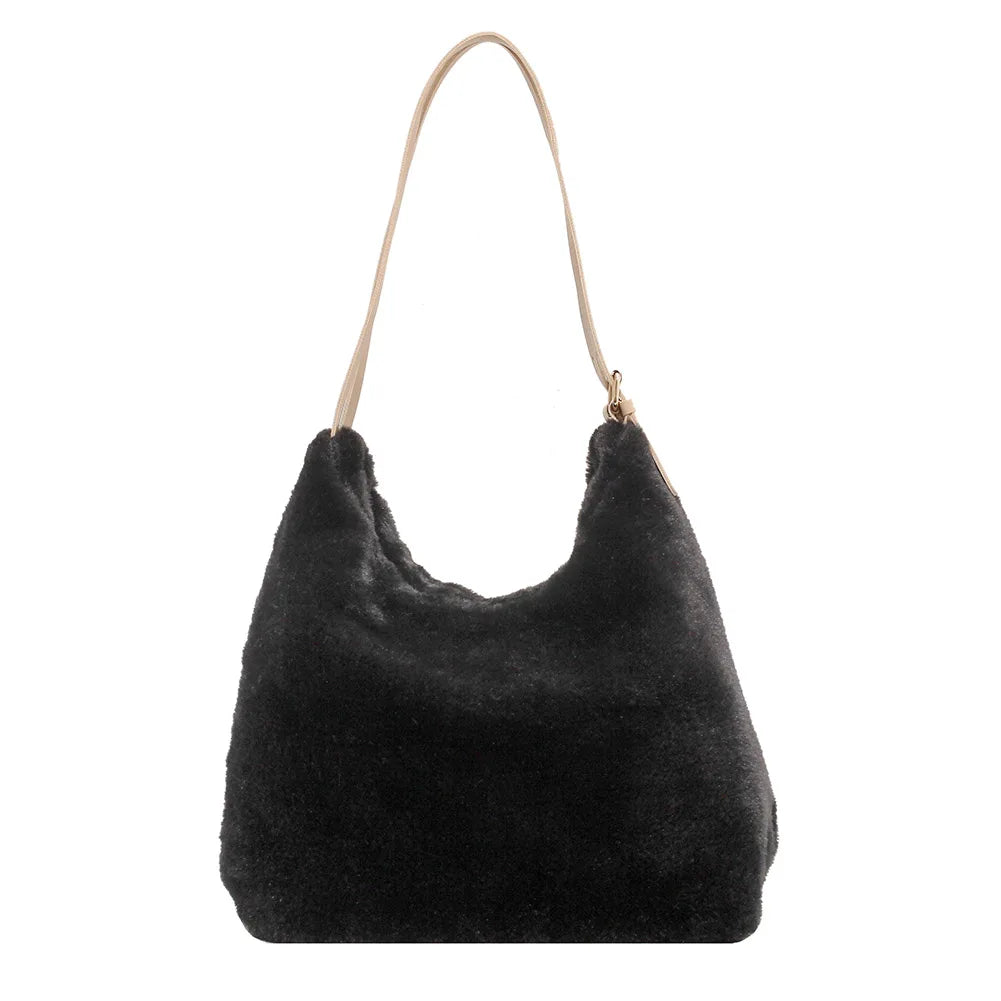 Women Plush Double Strap Handbag Warm Soft Fur Large Capacity Shopping Bag
