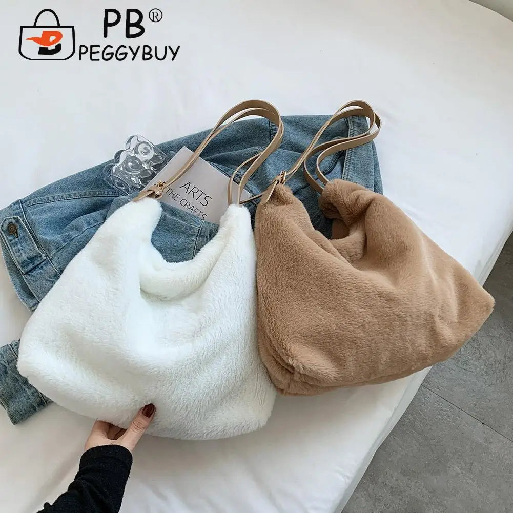 Women Plush Double Strap Handbag Warm Soft Fur Large Capacity Shopping Bag