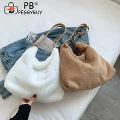Women Plush Double Strap Handbag Warm Soft Fur Large Capacity Shopping Bag