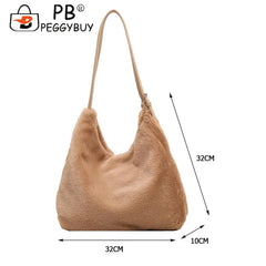 Women Plush Double Strap Handbag Warm Soft Fur Large Capacity Shopping Bag