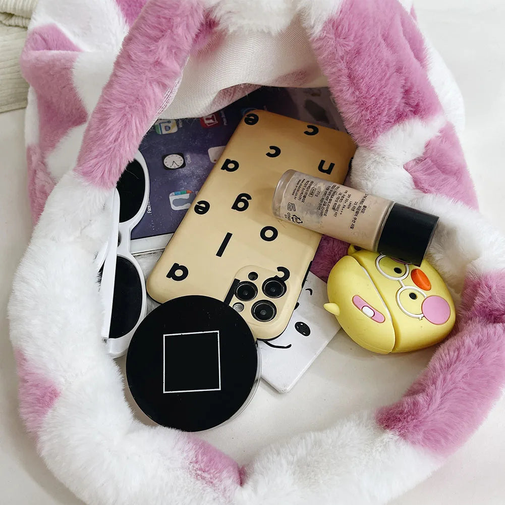 Women Plush Leopard Underarm Bags Love Heart Pattern Shoulder Bag