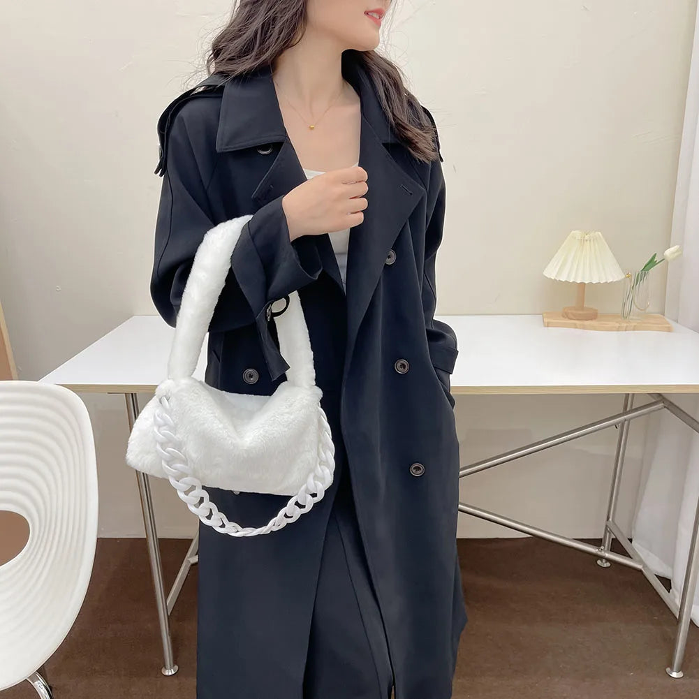 Women Plush Underarm Bags Soft Fluffy Casual Shoulder Bag