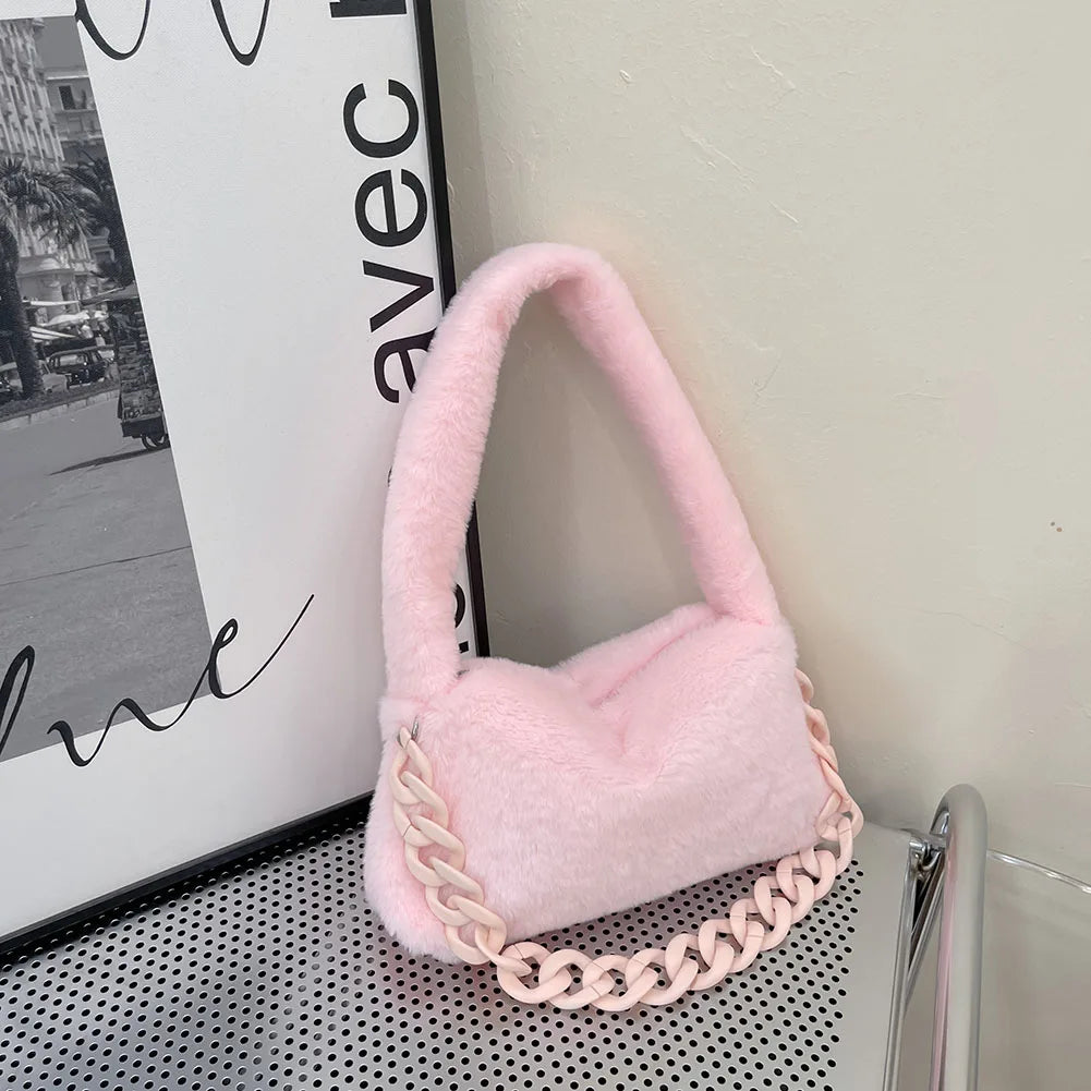Women Plush Underarm Bags Soft Fluffy Casual Shoulder Bag
